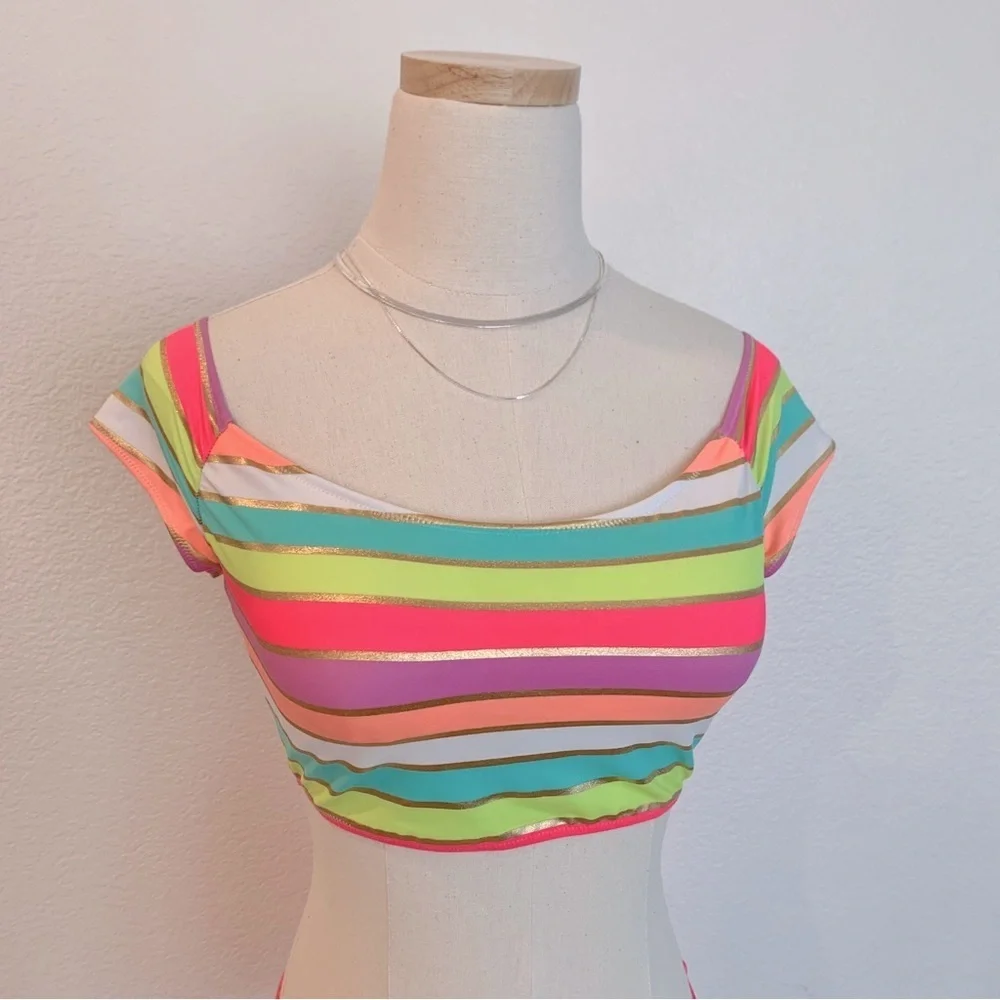 🌞 NWOT VS 2-Piece Set Rainbow Soiree Foil Gold Stripe Off-Shoulder Swimsuit
